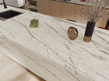 Beyaz mermer şelale merkezi adası, ahşap zemin, karanlık ahşap dolaplar, tezgahta çiçek vazosu, siyah hasırlı lavabo ve paslanmaz çelik aletleri olan lüks bir evde mutfak. 3B Hazırlama