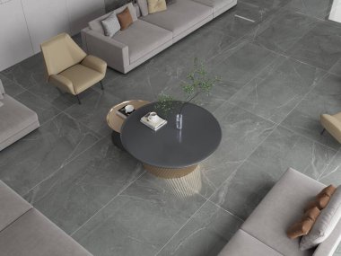Modern gri minimalist oturma odası rahat kanepe seti ortada sehpa, yerde parlak fayanslar. Ön manzara, güneş ışığı. Üç boyutlu görüntüleme. Yüksek kalite. 3 Boyutlu Resimler