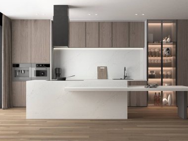 Lüks mutfak iç tasarımı beyaz kalacatta mermer tezgah, ahşap döşeme, ahşap mobilya, gri boş duvarlar, ahşap zemin. Modelleme. 3 Boyutlu Çizimler. 3B Hazırlama