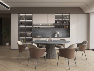 Lüks Ev. Müsrif mutfak, yemek odası ahşap desenli mermer döşeme, ahşap mobilyalar, gri mutfak tezgahı, sandalyeli dairesel yemek masası. Üç boyutlu görüntüleme. Model