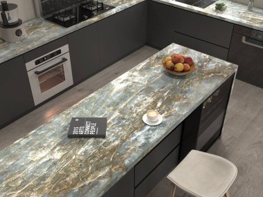 Mutfağın içinde bir lavabo, köşede taze meyve sepeti, siyah depolama dolapları, altında fırın için seramik bir üst üzerinde bir kitap ve kahve bulunur. 3 Boyutlu Çizimler. 3B Hazırlama