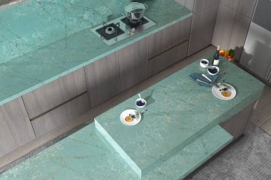 Lüks mutfak manzarası. Minimalist modern mutfak mermer tezgah, parke döşeme, beyaz iç tasarım, ahşap mobilyalar. 3D Illustration. 3B Hazırlama