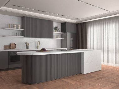 Mobilyalar, mutfak malzemeleri, gri dolaplar, beyaz mermer mutfak tezgahı olan modern değerli mutfak ve yemek odası. Lüks mutfak. Model yap. 3D Illustration. 3B Hazırlama