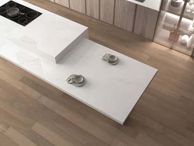 Cararra morro kuvars şelale merkezi adası, ahşap ahşap döşemeler, koyu ahşap dolaplar olan lüks bir evde mutfak. Modelleme. 3B Hazırlama