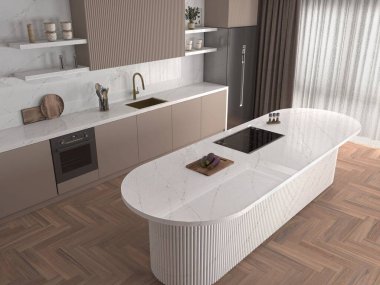 Müsrif mutfak döşemeleri, kalacatta kuvars mutfak tezgahı, asılı spekülasyon, ahşap doğrama tahtaları, sıcak kahverengi dolaplar. Modelleme. 3D Illustration. 3B Hazırlama