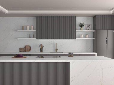 Modern tarzda mutfak, beyaz parlak bir arka plan, orta ada, mutfak gereçleri, buzdolabı bir yana, yerde halı. Üç boyutlu görüntüleme. 3 Boyutlu Resimler