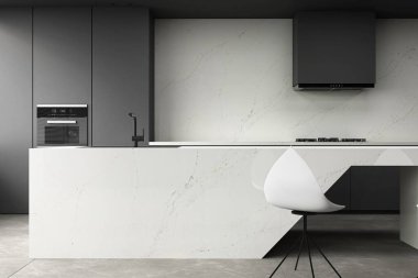 Lüks mutfak iç tasarımı beyaz cararra mermer tezgah, ahşap döşeme, gri büyük depo dolapları, ahşap zemin. Modelleme. 3 Boyutlu Çizimler. 3B Hazırlama