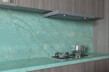 Pastel renkli kuvars ve gri dolaplarla dolu modern, değerli mutfak tezgahı. Model yap. 3D Illustration. 3B Hazırlama