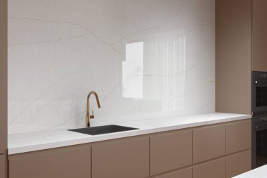 Mutfak tezgahında tam boy arka plan, beyaz parlak mermer, tezgahın üstünde siyah lavabo. 3B Hazırlama