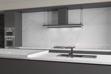 Mutfak iç tasarımı. Mermer granit bej panorama arka plan duvar yüzey siyah desenli soyut ışık zarif iç döşeme. 3B Hazırlama