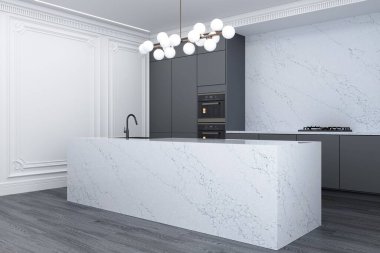 Modern tarzda mutfak, atölyenin üstünde avize, lavabo, soba, çift fırın, mutfak gereçleri, ahşap döşeme, beyaz boş duvar. Modelleme. 3B Hazırlama