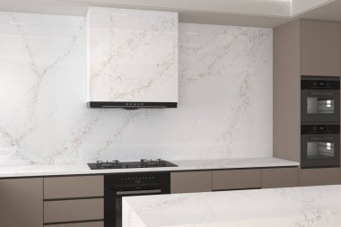 Seramik tezgahlı estetik mutfak iç tasarımı, geniş mutfak düzeni, kuvars malzemeleriyle kaplı baca kaplaması, bej renkli mobilyalar. 3 Boyutlu Çizimler. Modelleme. 3B Hazırlama