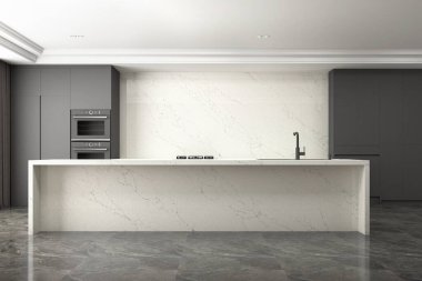 Beyaz duvarları, ahşap zemini, seramik merkezi adası, gri ahşap dolapları olan vila mutfağının içi. Modelleme. 3B Hazırlama