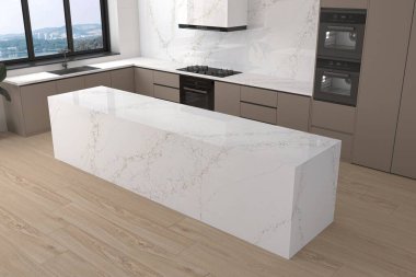 Beyaz mermer bir atölyesi, kocaman bir merkez adası, ahşap zeminler, sıcak kahverengi ahşap dolaplar, muhteşem bir manzaranın penceresi. Modelleme. 3B Hazırlama