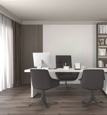 Ofis içi modern tarzda ahşap döşeme, pencere kenarı, güzel dekor, ahşap kitap rafı, beyaz seramik masa ve koltuk üzerindeki bilgisayar. Modelleme. 3D Illustration. 3B Hazırlama