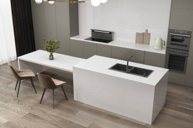 Calacatta 'lı bir mutfak müfrezesi kuvars tezgahları, gri dolaplar, adanın üzerinde beyaz savurgan avizeler ve tam boy arka fıskiye, ahşap döşemeler yapar. 3B Hazırlama