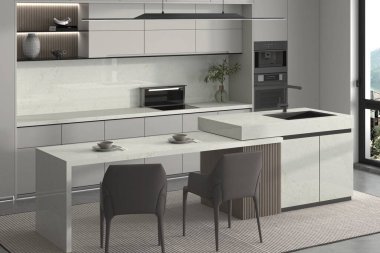 Lüks stüdyo daire mutfağı, ahşap döşeme, beyaz duvar ve şehir manzarasına pencere, tezgahta seramik yüzey. 3B Hazırlama