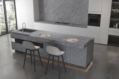 Minimalist modern mutfak, masa, çift sandalye ve seramik zemin, beyaz iç tasarım, ahşap mobilyalar. 3 boyutlu illüstrasyon. 3B Hazırlama