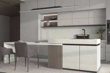 Tezgahında beyaz mermer olan lüks bir mutfak. 3B Hazırlama