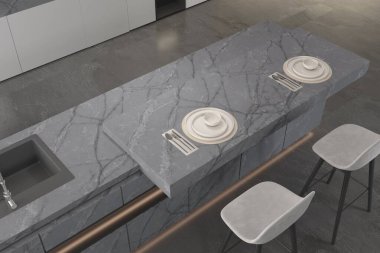 Mutfak manzarası, merkez adada gri kuvars, gri fayanslı döşeme, çift sandalyeli. 3 Boyutlu Çizimler. 3B Hazırlama