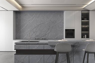 Beyaz seramik zemin, raflı yemek köşesi mutfak gereçleri, gri mermer mutfak tezgahı, beyaz mobilyalar. 3 Boyutlu Çizimler. Modelleme. 3B Hazırlama