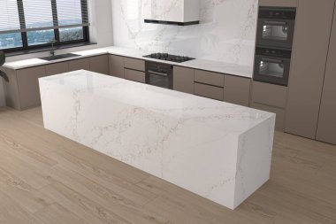 Geniş bir adası olan modern ferah bir mutfak. Kenarlarında ve tezgahlarında otlar yetişiyor. Ahşap döşemeler. 3B Hazırlama