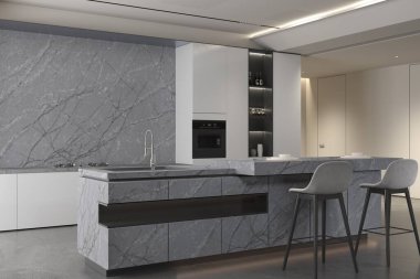 Mermer bir tezgah, beyaz bir seramik lavabo, gri sandalyeler, seramik bir alet edevat rafı ve ahşap raflar. Modelleme. 3B Hazırlama