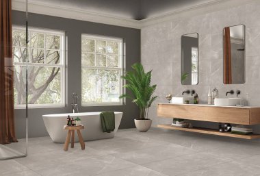 Gri banyo içi çift beyaz leğenler ve beyaz mermer desenli yerde seramik küvet. Dekorasyonlu modern banyo alanı. 3D Illustration. Yüksek Çözünürlük. 3B Hazırlama