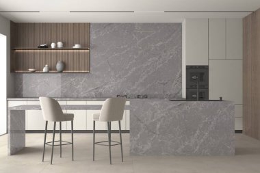 Gri parlak kiremitler, beton döşemeler ve tabureli mermer bar, çift fırın, gri kuvars tezgahı olan şık bir mutfak. Üç boyutlu görüntüleme. 3 Boyutlu Resimler
