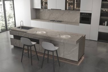 Pürüzsüz tasarımı, kuvars tezgahı, dahili cihazları ve yumuşak ışıklandırması olan modern 3D mutfak tasarımı, iç mekanlar veya gayrimenkul kullanımı için ideal. Üç boyutlu görüntüleme. 3 Boyutlu Resimler