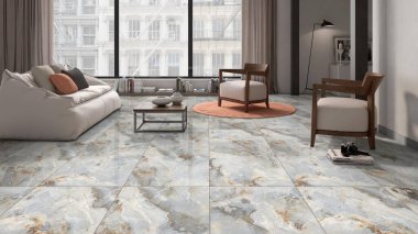 Oturma odasının içinde rahat kanepe ve yemek odası, mermer zemin ve kırsal pencereler var. Model yap. Tahta mobilyalar. 3B Hazırlama