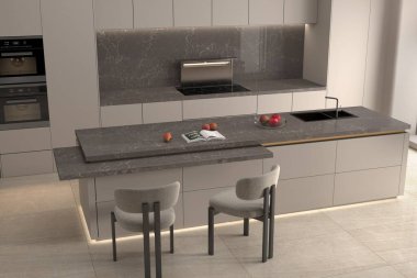 Şatafatlı mutfak iç mimarisi, gri mermer tezgah, ahşap döşeme, beyaz çömlekler. Üç boyutlu görüntüleme. 3 Boyutlu Çizimler. Model