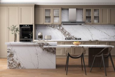 Lüks mutfak iç mimarisi bej mermer duvarlar ve zemin, beyaz kuvars tezgahın üstünde tam boy arka sıçraması, merkez ada büyüklüğünde, güzel manzaraya açılan pencere. 3B Hazırlama