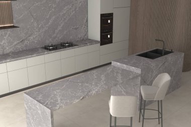 Klasik mobilya, dekor ve parlak mermer döşemeli mutfak iç tasarımı. Üç boyutlu görüntüleme. 3 Boyutlu Resimler