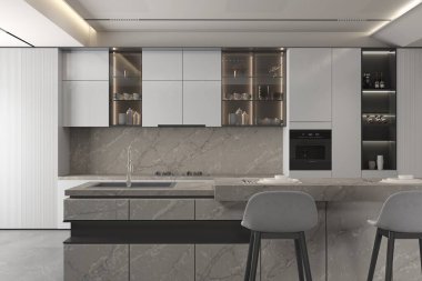 Klasik beyaz mutfak, ahşap ve beyaz detaylar, minimal iç tasarım. 3B Hazırlama