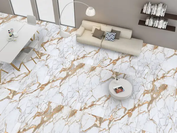 Oturma odasının içinde bej kanepe, koltuklar, beyaz mermer zemin. Cam duvar bölmesi, panoramik pencere, ahşap kitap rafı. 3D Illustration. 3B Hazırlama