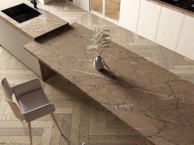 Kanepe koltukları, gri mermer tezgah ve gri döşeme fayansları olan modern yemek alanı tarzı. Üç boyutlu görüntüleme. 3 Boyutlu Çizimler. Model