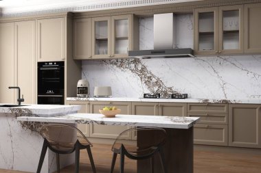 Şık bir mutfak, mermer ada ve tabure, koyu ahşap zemin. Mutfak eşyaları ve dekorasyon, muhteşem manzaralı yemek pişirme alanı. 3 Boyutlu Çizimler. Modelleme. 3B Hazırlama