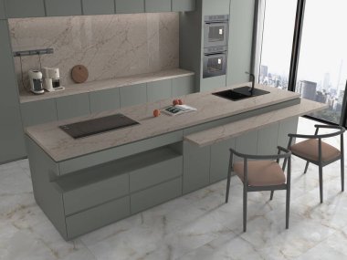 Karanlık mutfak manzarası, içi boş duvar. Minimalist tasarım kavramı. Yaratıcı fikir için yer var. Model yap. 3B Hazırlama