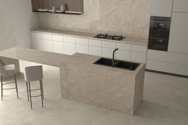 Müsrif mutfak içleri beyaz ve bej mermerden yapılmış bir zemin, bir merkez ada ve sandalyeler ve diğer gerekli mutfak eşyaları, beyaz seramik tezgah. 3B Hazırlama