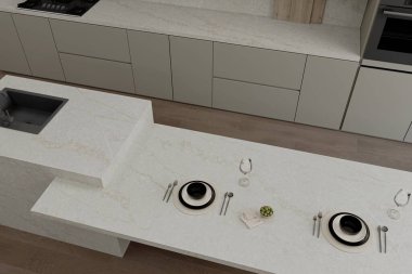 Modern minimalist seramik mutfak, yemek masası, beyaz ve gri mimari iç tasarım, ahşap zemin. Üç boyutlu illüstrasyon. 3B Hazırlama