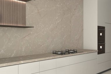 Arabescato Vagli kuvars adası ve altın tonlu aksesuarları olan şık bir mutfak. 3B Hazırlama