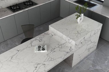 Taj Mahal Jumbo kuvars adası ve nötr renk paletiyle çağdaş mutfak. 3B Hazırlama