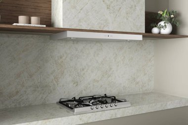 Venato kuvars tezgahlı rahat mutfak, kırsal ahşap dcor. Yakından bak. 3B Hazırlama