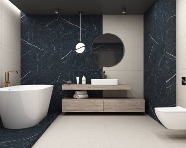 Banyo iç tasarımı, duvarında beyaz ve gri mermer döşeme, gerekli tuvalet malzemeleriyle beyaz küvet. 3B Hazırlama