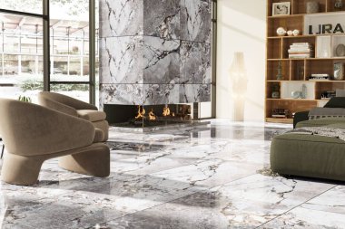 Oturma odasının lüks köşesinde zarif dekorlar, beyaz ve gri mermer duvarlar ve zemin var. 3B Hazırlama