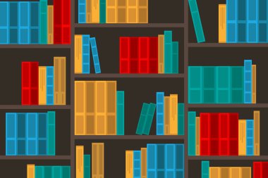 Çok renkli kitap dikenli kitaplıklar. Raftaki resimleme arkaplanındaki kitaplar