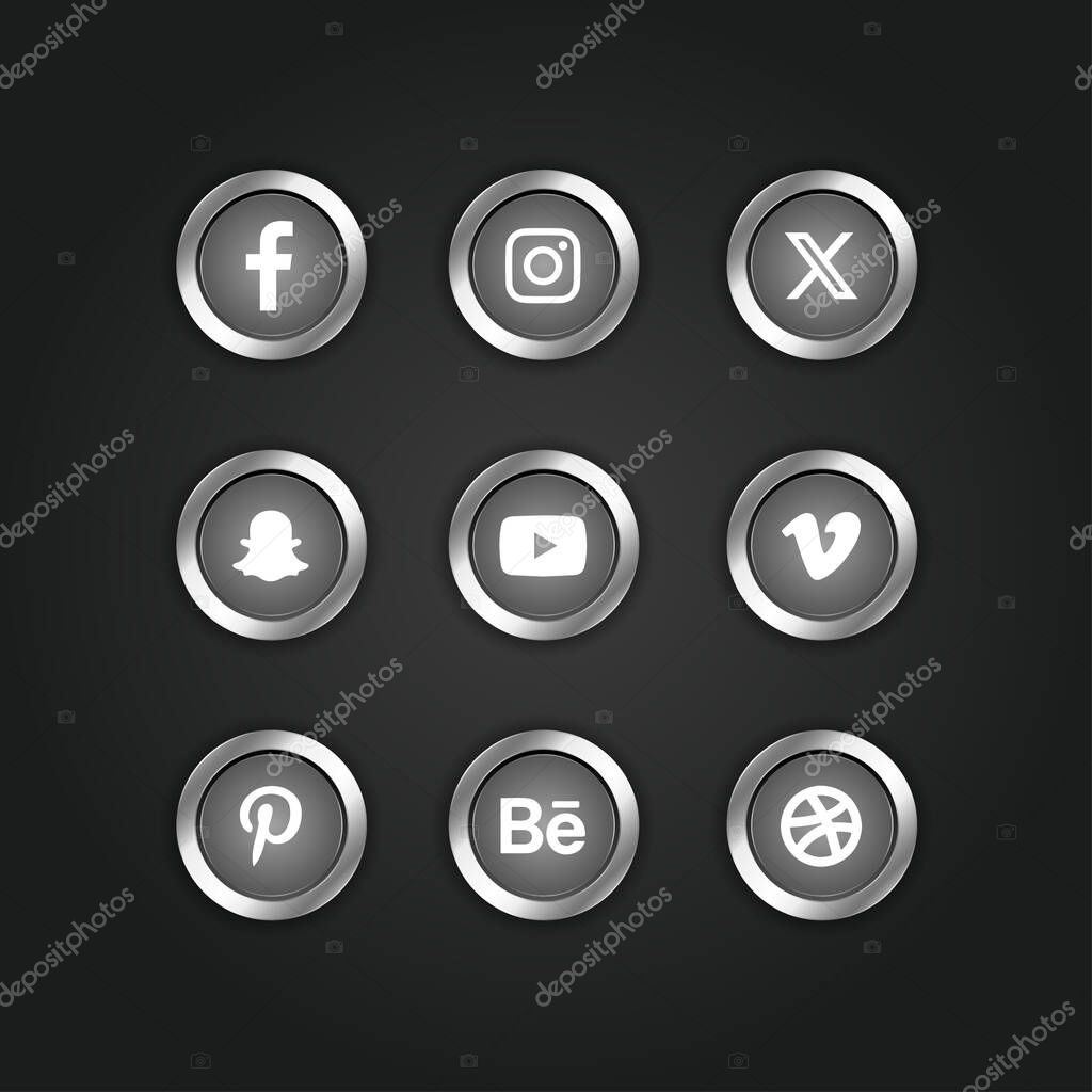 3d metallic silver social media logo or icons collection