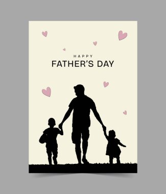 Babalar ve çocukların siluetleriyle Babalar Günün kutlu olsun. Babalar günü için güzel bir mesajı olan vektör bir tebrik kartı.