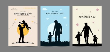 Babalar ve çocukların siluetleriyle Babalar Günün kutlu olsun. Babalar Günü için güzel bir mesaj içeren bir dizi vektör tebrik kartı. Bir çift mutlu aile günü afişi. vektör illüstrasyonu.